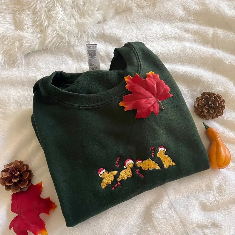 Embroidered Christmas Dino Nuggets, Embroidered Christmas Sweatshirt, Embroidered Christmas Crewneck Shirt Hoodie