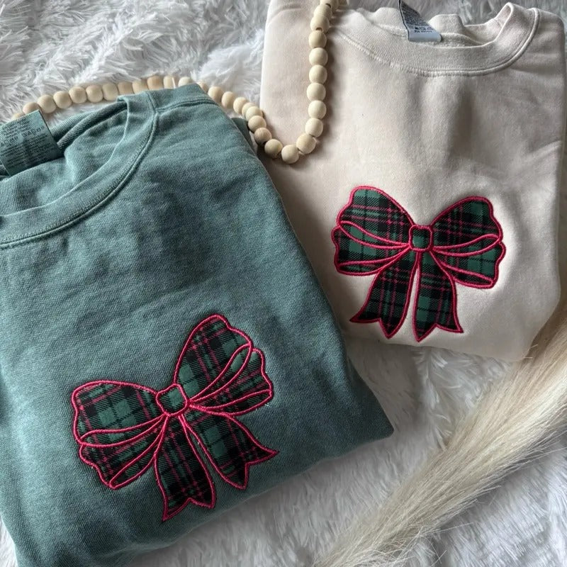 Embroidered Christmas Sweatshirt, Bow Sweatshirt, Christmas Bow Sweatshirt Shirt Hoodie | PrintMintTees.com