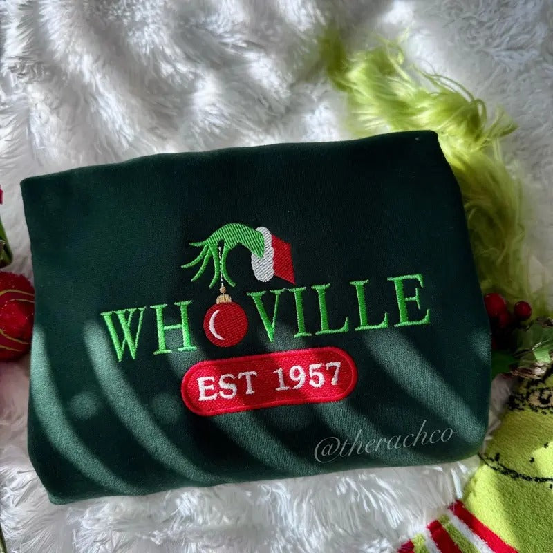 Embroidered Christmas Sweatshirt, Christmas Crewneck, WhoVlle Sweatshirt, Christmas Sweater Shirt Hoodie | PrintMintTees.com