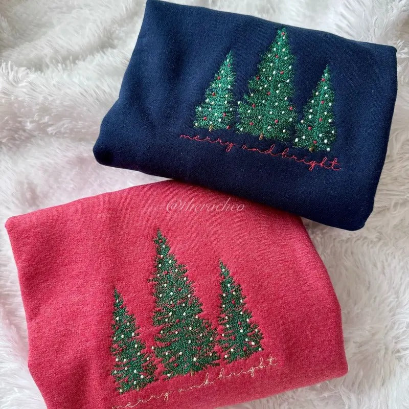 Embroidered Christmas Trees, Merry And Bright, Embroidered Sweatshirt Shirt Hoodie | PrintMintTees.com
