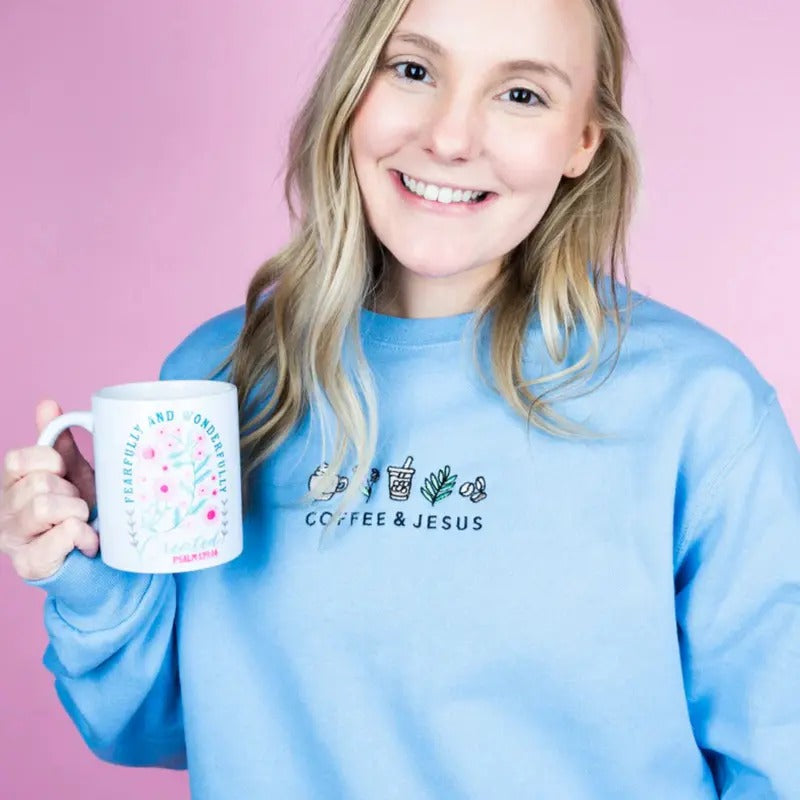 Embroidered Coffee & Jesus Unisex NuBlend Crew Sweatshirt Christian Sweatshirt Shirt Hoodie | PrintMintTees.com