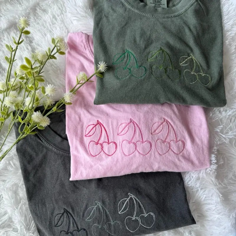 Embroidered Coquette Cherry Tshirt, Embroidered Tshirt Hoodie Sweatshirt | PrintMintTees.com