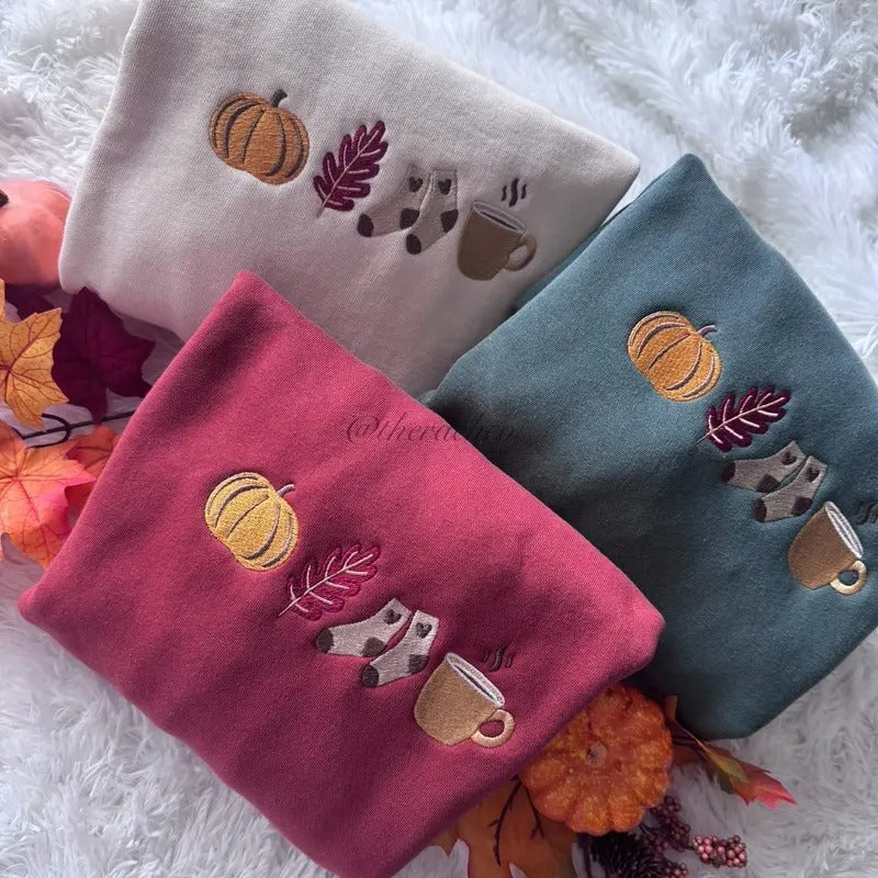Embroidered Fall Sweatshirt, Fall Icons, Soft Cute Crewneck for Fall Shirt Hoodie | PrintMintTees.com