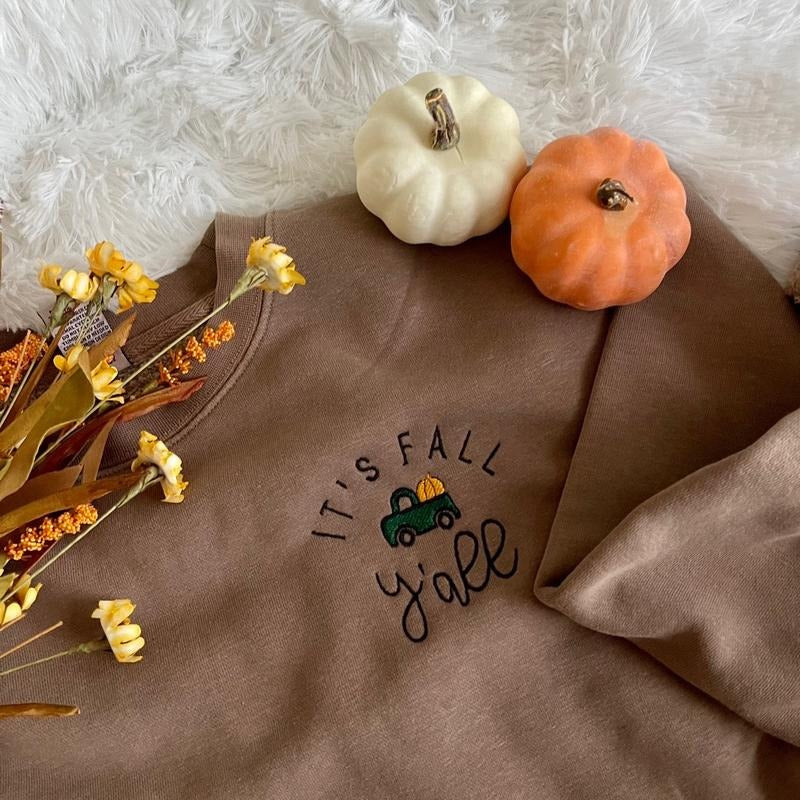 Embroidered Fall Sweatshirt, Hey Yall Sweatshirt Shirt Hoodie | PrintMintTees.com