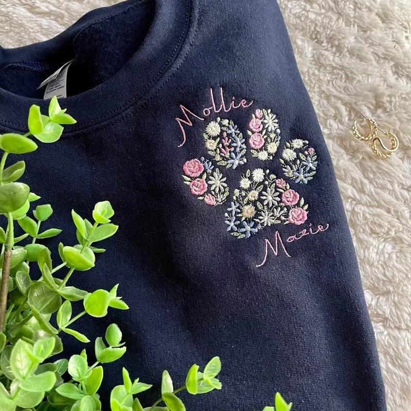 Embroidered Floral Paw Print Sweatshirt - Personalizable Shirt Hoodie | PrintMintTees.com