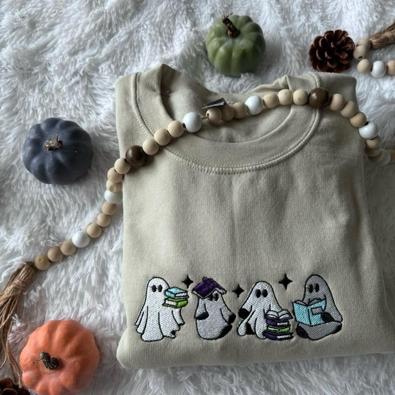 Embroidered Halloween Sweatshirt, Embroidered Sweatshirt, Bookish Sweatshirt, Ghost Books Sweatshirt Shirt Hoodie