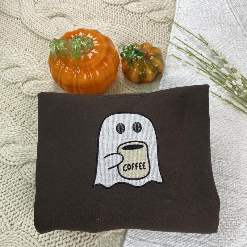 Embroidered Little Ghost Coffee Spooky Season Coffee Lovers T-Shirts, Hoodie, Sweatshirt