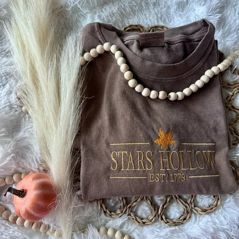 Embroidered Long Sleeve, Cute Embroidered Shirt, Fall Shirt, Stars Hollow Tshirt Hoodie Sweatshirt | PrintMintTees.com