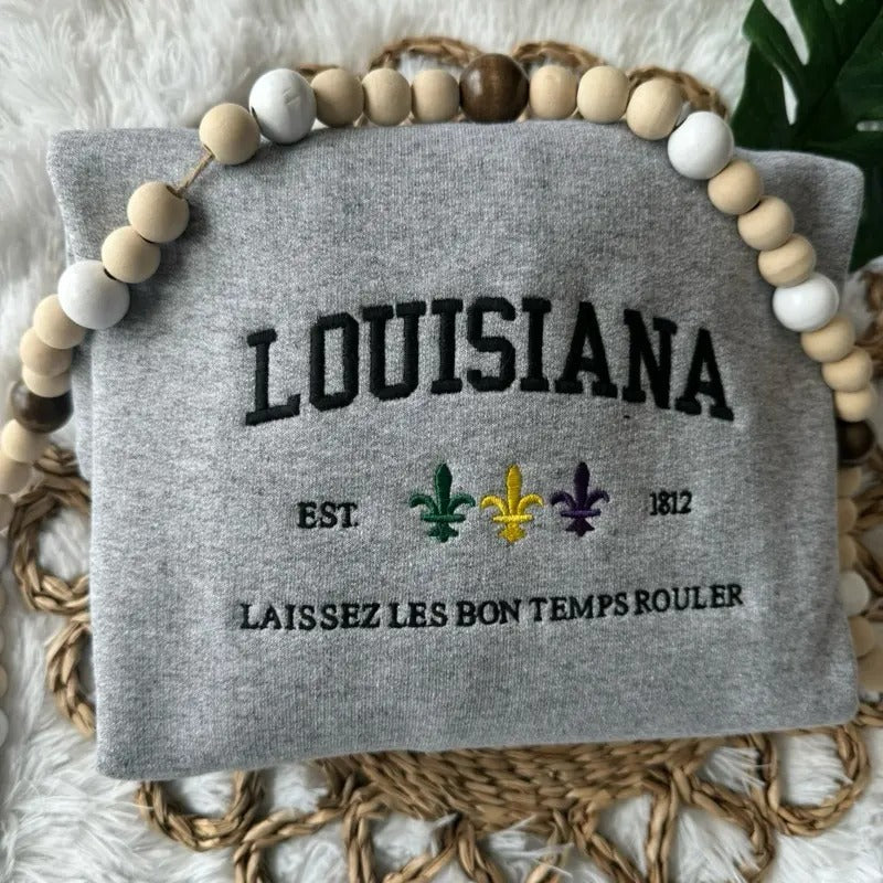 Embroidered Louisiana Sweatshirt, Mardi Gras Pullover, Louisiana Crewneck T-Shirts, Hoodie | PrintMintTees.com