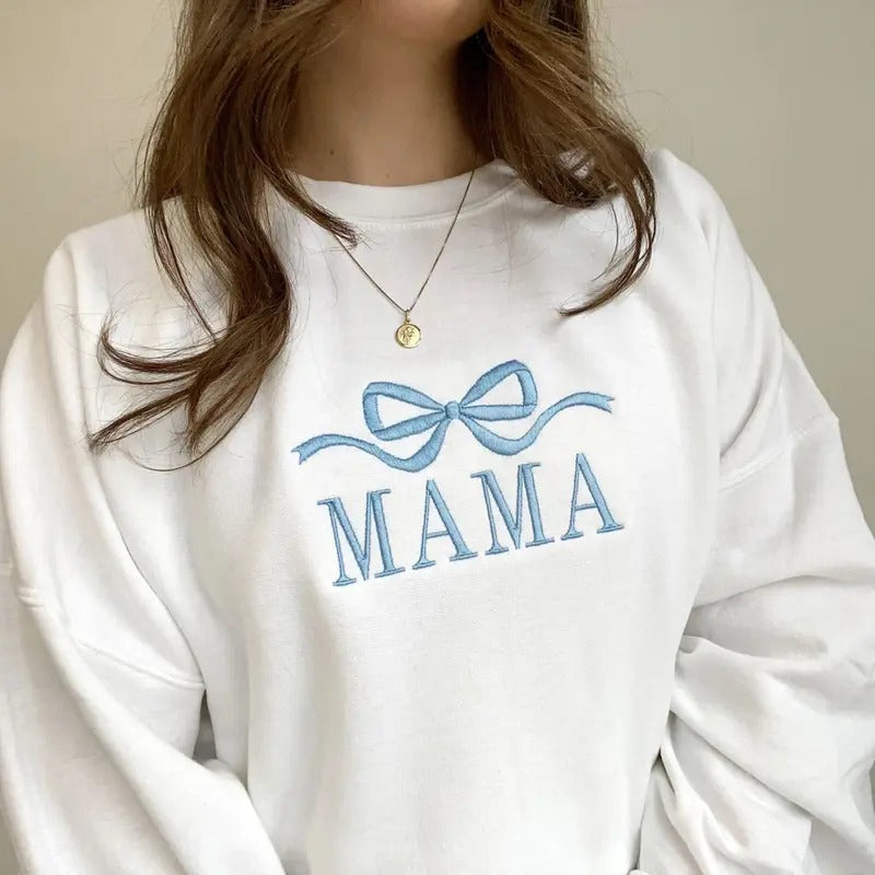 Embroidered Mama Coquette Sweatshirt, Cute Mama Bow Tee Shirt, Coquette Bow Mama T-Shirt, Embroidered New Mom Sweater,...