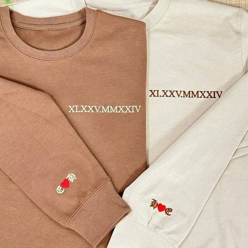 Embroidered Roman Numerals Hoodie, Valentines Date Couple Sweatshirt, Personalized Valentines Day Gift Shirt