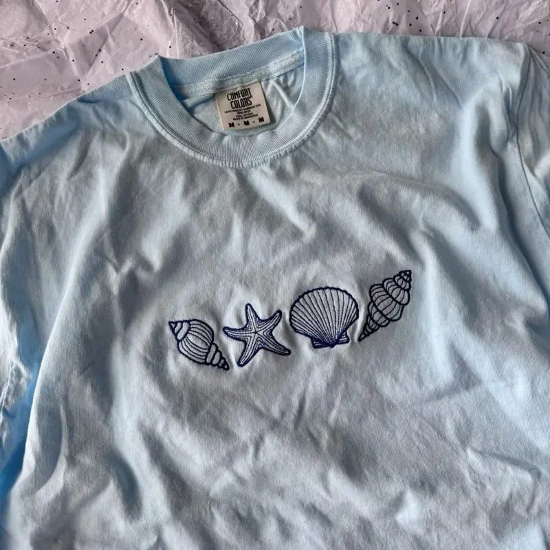 Embroidered Seashells Tshirt, Beach Tshirt, Summer Tshirt, Cute Embroidered Shirt, Cute Tshirts Hoodie Sweatshirt