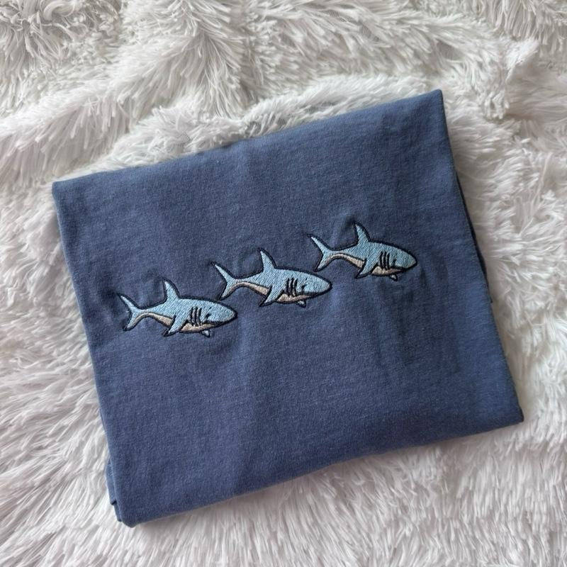 Embroidered Shark Tshirt, Summer Tshirt, Short Sleeve Tshirt, Comfortable Embroidered Tshirt Hoodie Sweatshirt