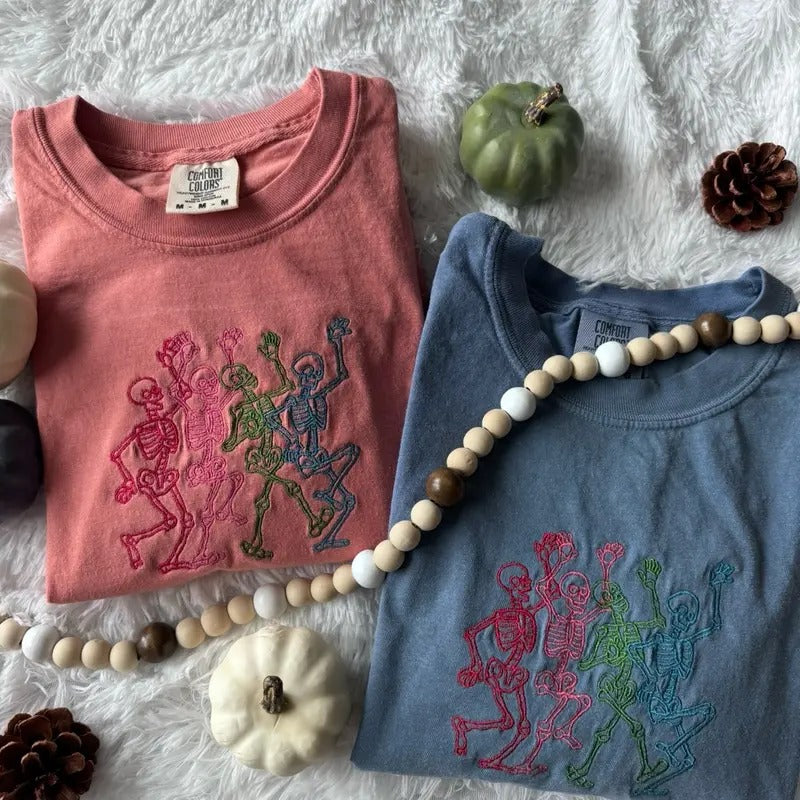 Embroidered Skeleton Tshirt, Halloween Shirt, Monochromatic Shirt, Embroidered Shirt Hoodie Sweatshirt | PrintMintTees.com