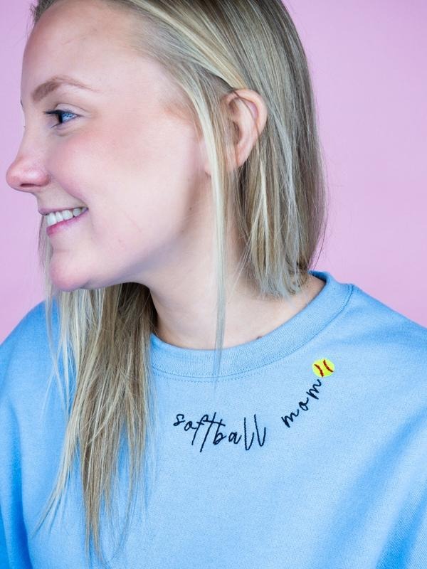 Embroidered Softball Mom Neckline Unisex NuBlend Crew Sweatshirt BASEBALL MAMA Shirt Hoodie | PrintMintTees.com
