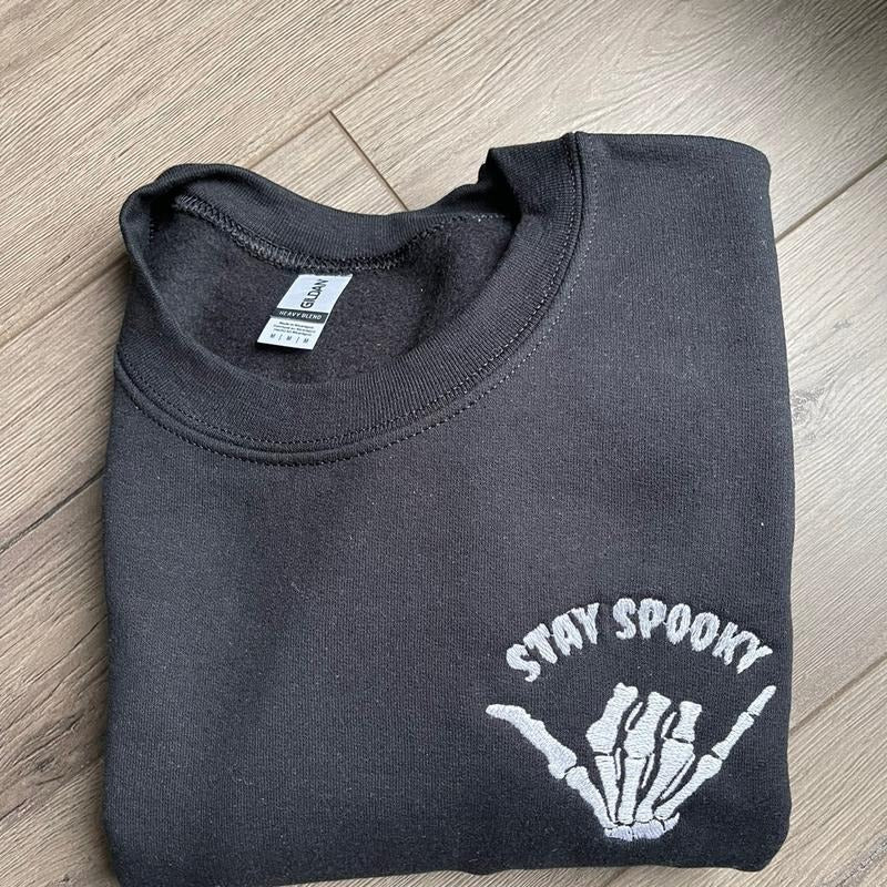 Embroidered Spooky Rock On Sweatshirt, Halloween Sweatshit, Spooky Crewneck T-Shirts, Hoodie | PrintMintTees.com