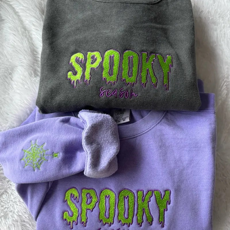 Embroidered Spooky Season LONG SLEEVE SHIRT, Halloween Shirt, Embroidered Sleeve Hoodie Sweatshirt | PrintMintTees.com