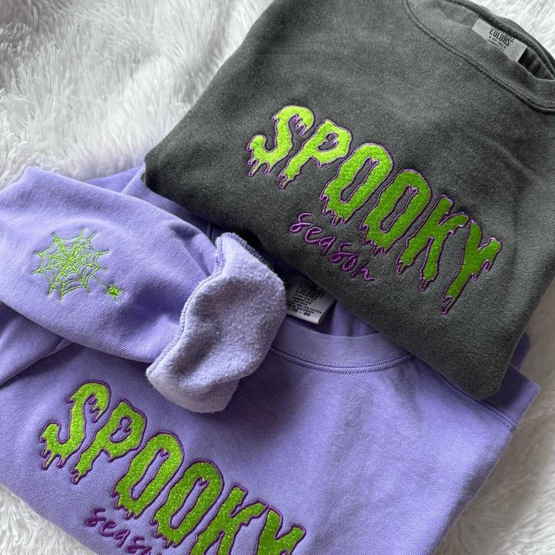 Embroidered Spooky Season Sweatshirt, Halloween Sweatshirt, Embroidered Crewneck Shirt Hoodie | PrintMintTees.com