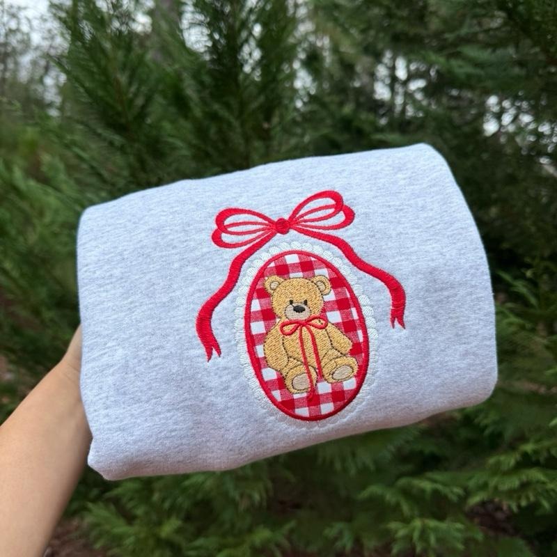 Embroidered Teddy Bear Sweatshirt, Coquette Gingham Teddy Bear Shirt Hoodie | PrintMintTees.com