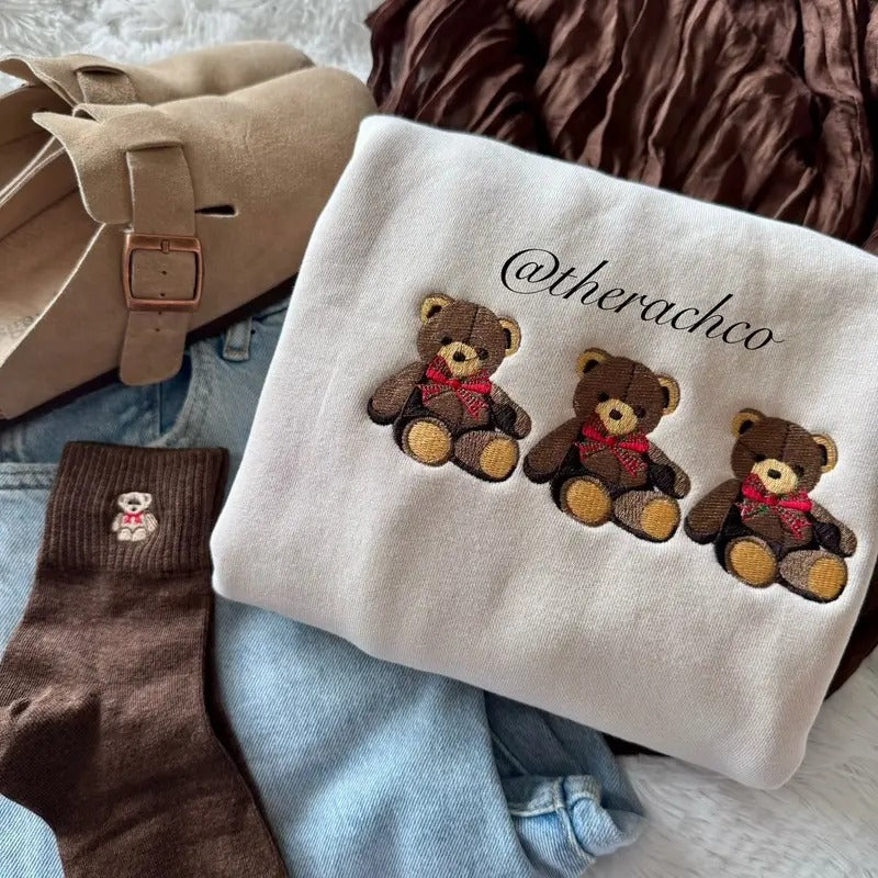 Embroidered Teddy Bear Sweatshirt, Teddy Bear Crewneck, Christmas Teddy Bear Shirt Hoodie | PrintMintTees.com