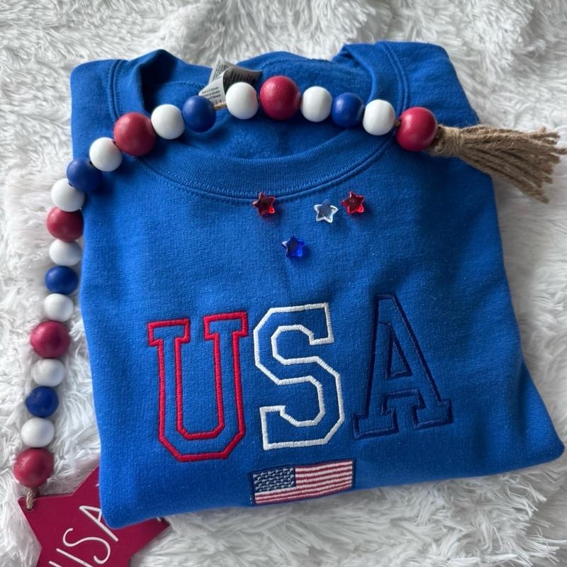 Embroidered USA Sweatshirt, July 4th Sweatshirt, Patriotic Sweatshirt Shirt Hoodie | PrintMintTees.com