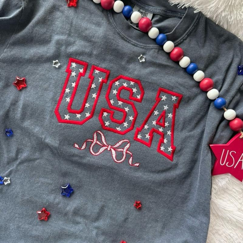Embroidered USA Tshirt, Coquette Tshirt, Cute Bow Tshirt Hoodie Sweatshirt | PrintMintTees.com