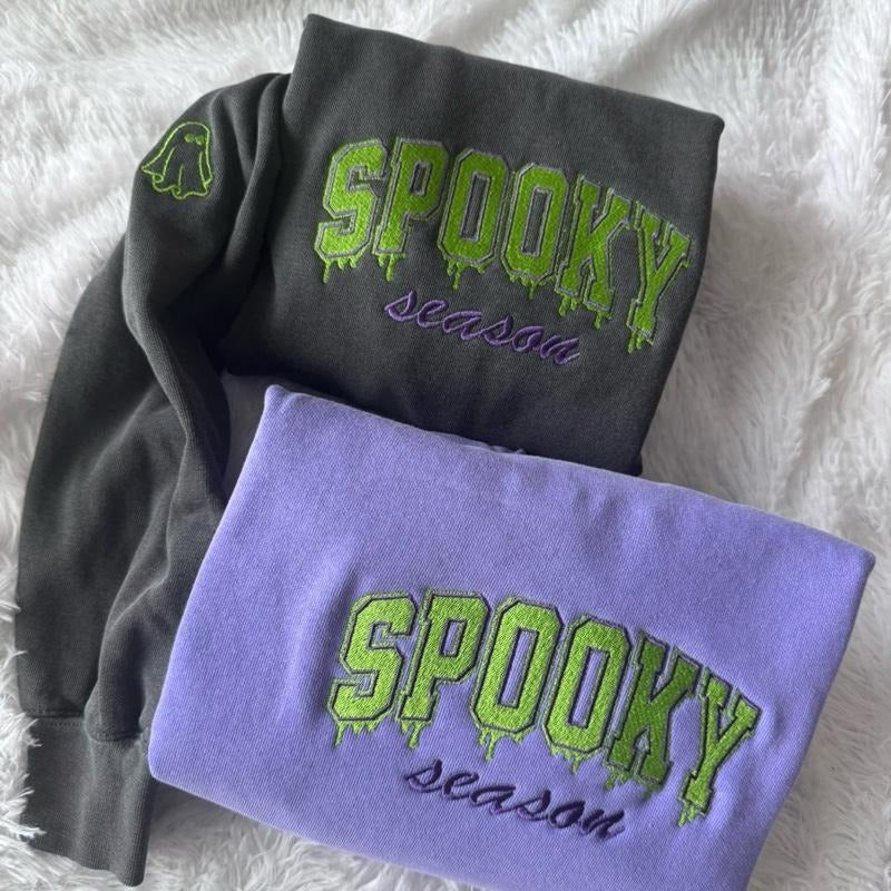 Embroidered Varsity Drippy Sweatshirt, Spooky Season Sweatshirt, Halloween Sweatshirt, Embroidered Crewneck Shirt Hoodie