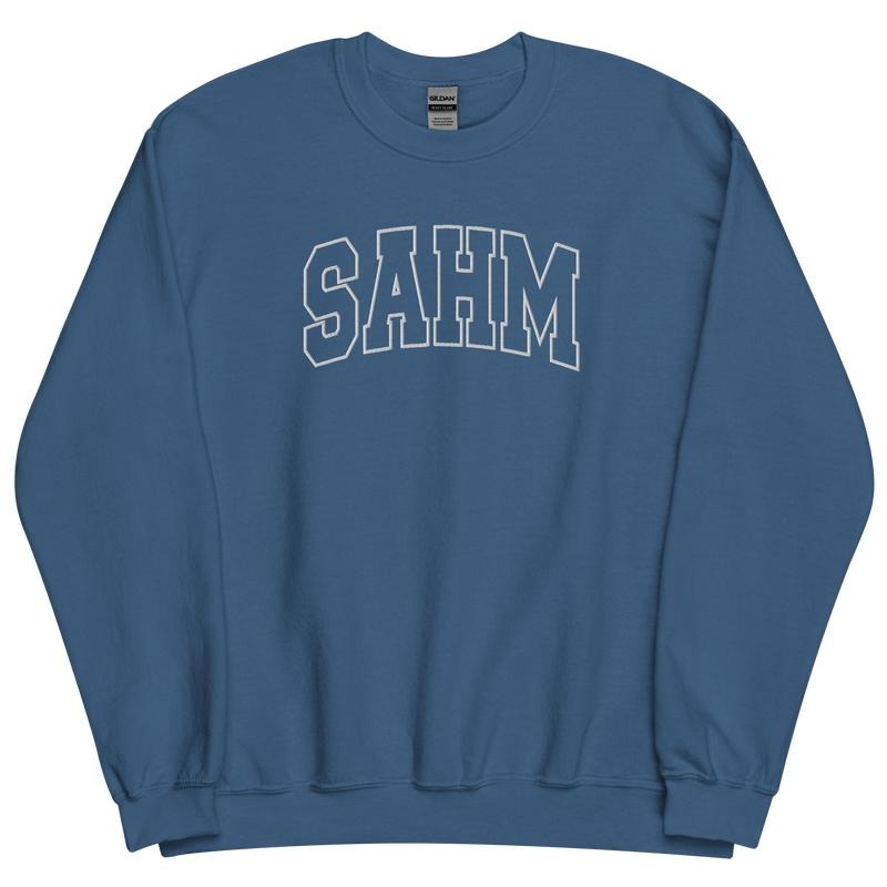 Embroidered White Thread SAHM Varsity Sweatshirt