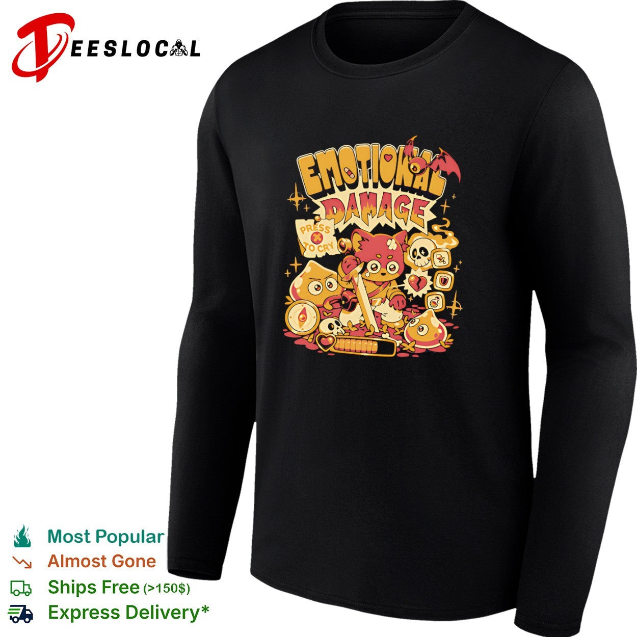 Emotional Damage Press To Cry Cute RPG Gamer Cat Meme Shirt
