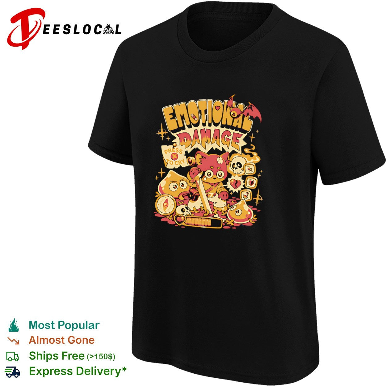 Emotional Damage Press To Cry Cute RPG Gamer Cat Meme Shirt