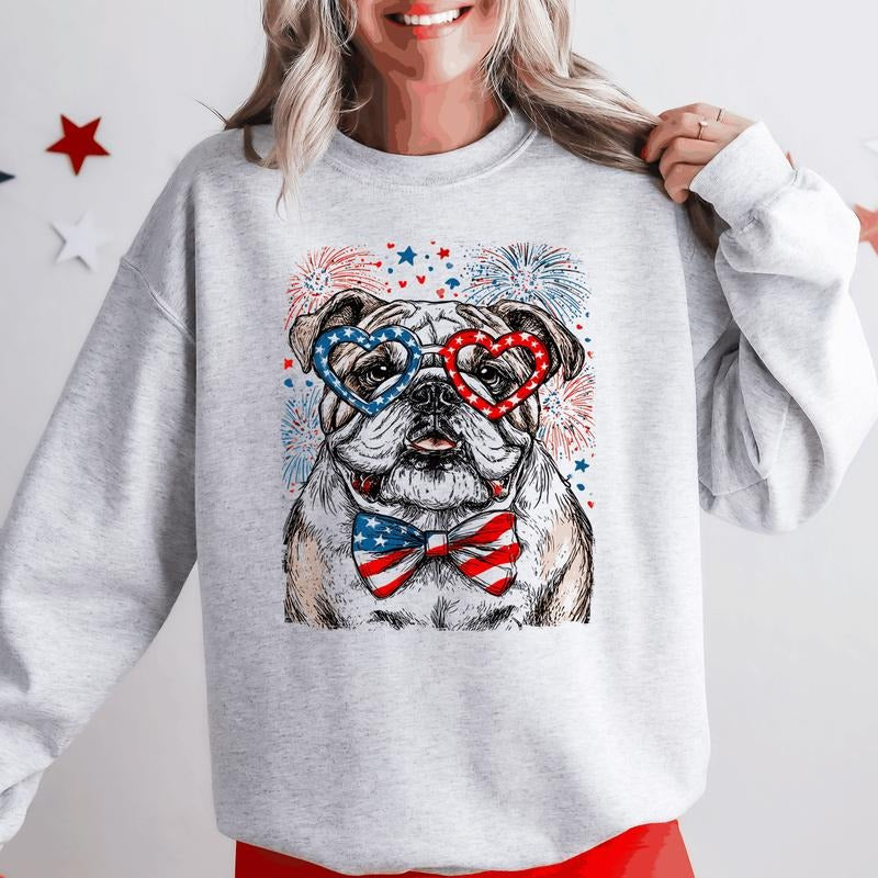 English Bulldog Patriotic Dog, USA, America, Pet Lover, 4th of July Sweatshirt, Crew Neck, Women's, Crewneck T-Shirts, Hoodie