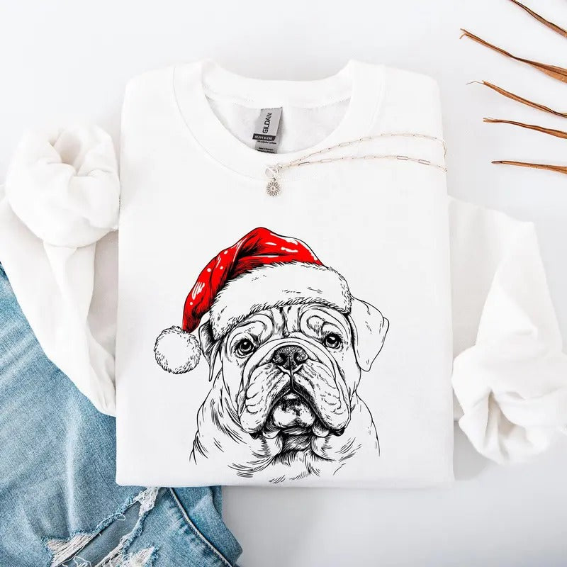 English Bulldog, Santa, Dog, Christmas, Dog Lover, Pet Sweatshirt, Crew Neck, Women's, Crewneck Shirt Hoodie
