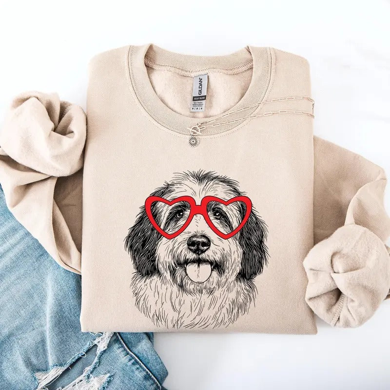 English Sheepdog Pet Dog Breed Valentine'S Crew Neck Love Heart Cupid Shirt Hoodie Sweatshirt