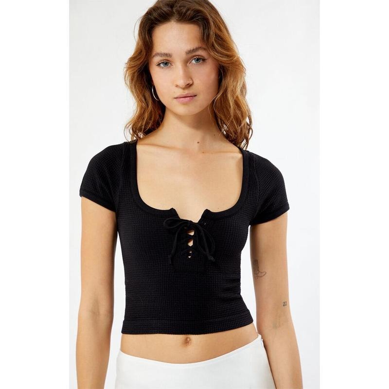 Est. PAC 1980 Women's Lace-Up Waffle Knit T-Shirt Hoodie, Sweatshirt | PrintMintTees.com