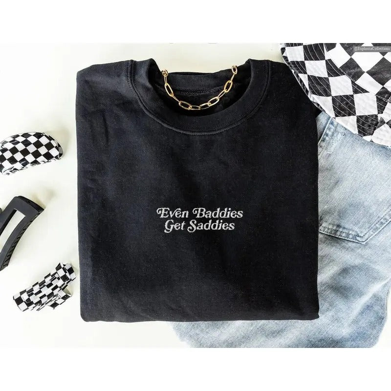 Even Baddies Get Saddies Cat Embroidered Slay Coquette Sweater, Hoodie, Tee, Mental Health Depression Anxiety ADHD...