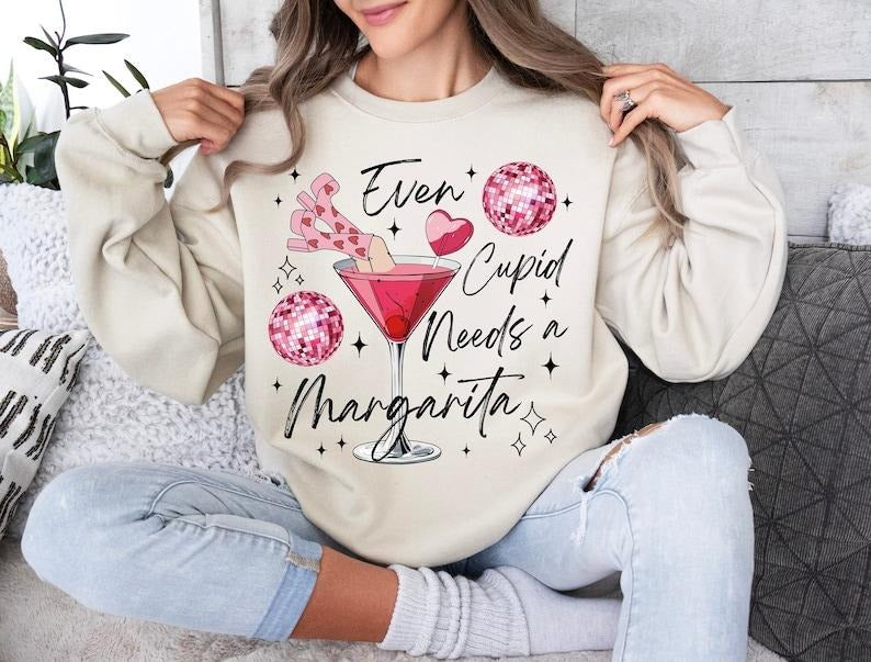 Even Cupid Need A Margarita Retro valentine Sweatshirt, Trendy Valentine, Disco Ball, Funny Vday Sweatshirt Shirt Hoodie