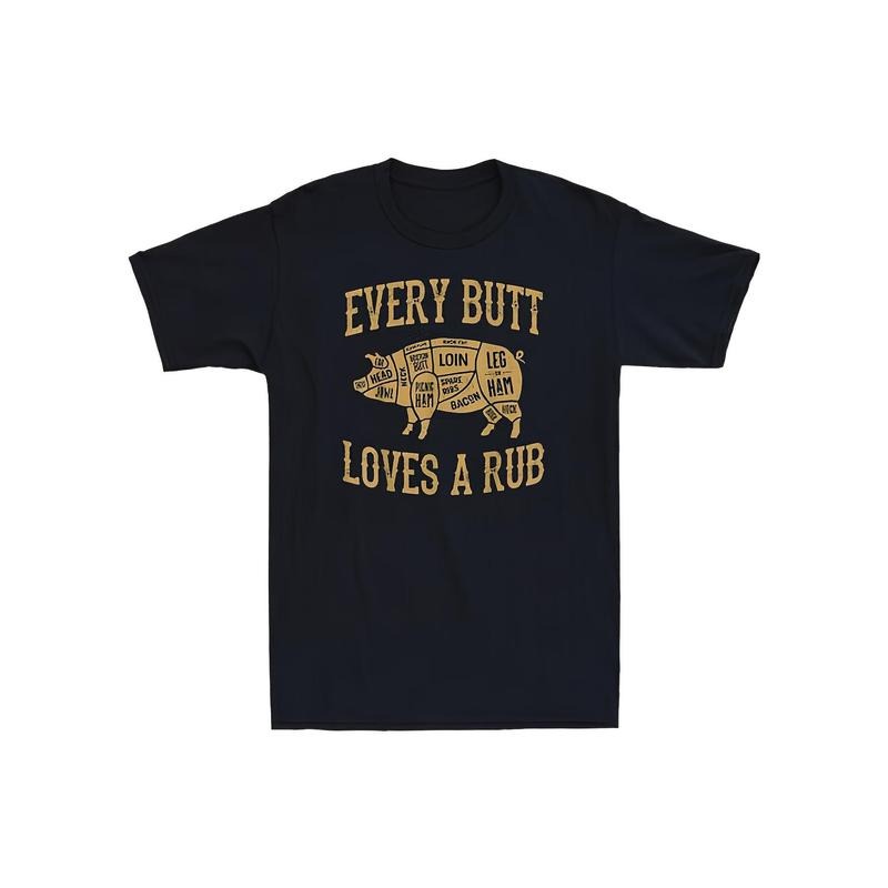 Every Butt Loves A Rub Funny Pig Pork BBQ Grill Novelty Vintage Men's T-Shirt Cotton Graphic Soft And Comfortable Round Neck