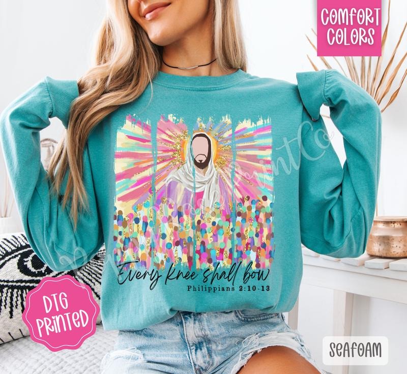 Every Knee Shall Bow Comfort Colors Long Sleeve T-Shirt, Trendy Religious Women's Tee Hoodie Sweatshirt | PrintMintTees.com