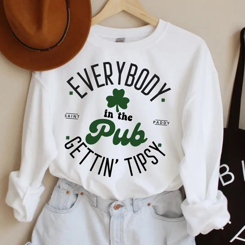 Everybody in The Saint Paddy's Pub Getting Tipsy Irish St Patrick's Day Graphic Printed Unisex Classic Cotton T-shirt...
