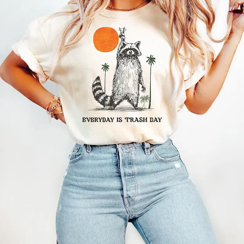 Everyday Is Trash Day Raccoon Meme Tshirt, Retro Tee, Cool Style Raccoon Shirt, Funny Raccoon Meme Shirt Cotton Top...