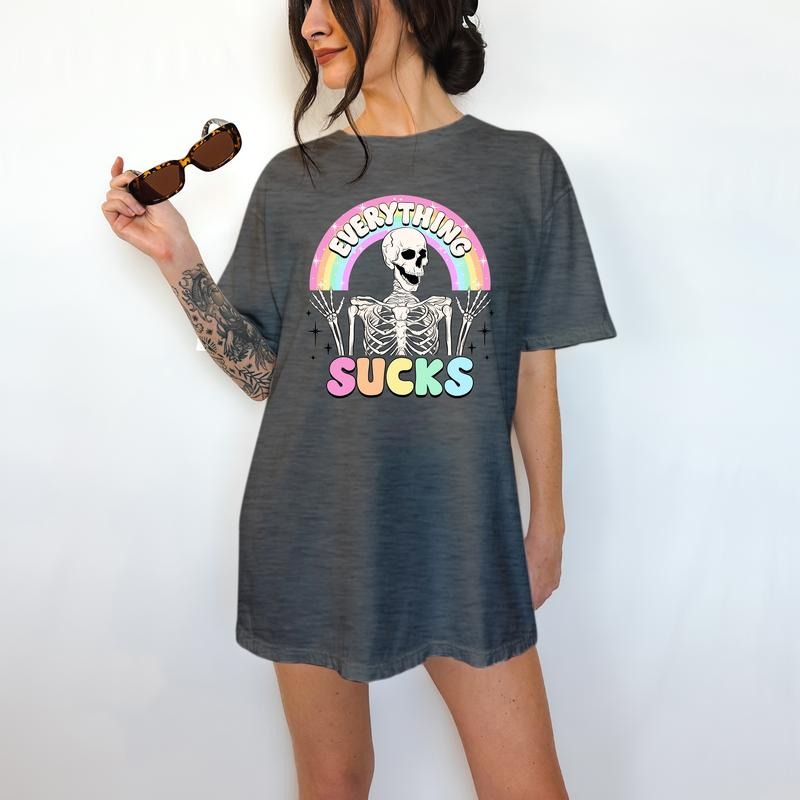 Everything Sucks - T-Shirt, Happy Skeleton, Bright Graphic, Funny Apparel Hoodie Sweatshirt | PrintMintTees.com