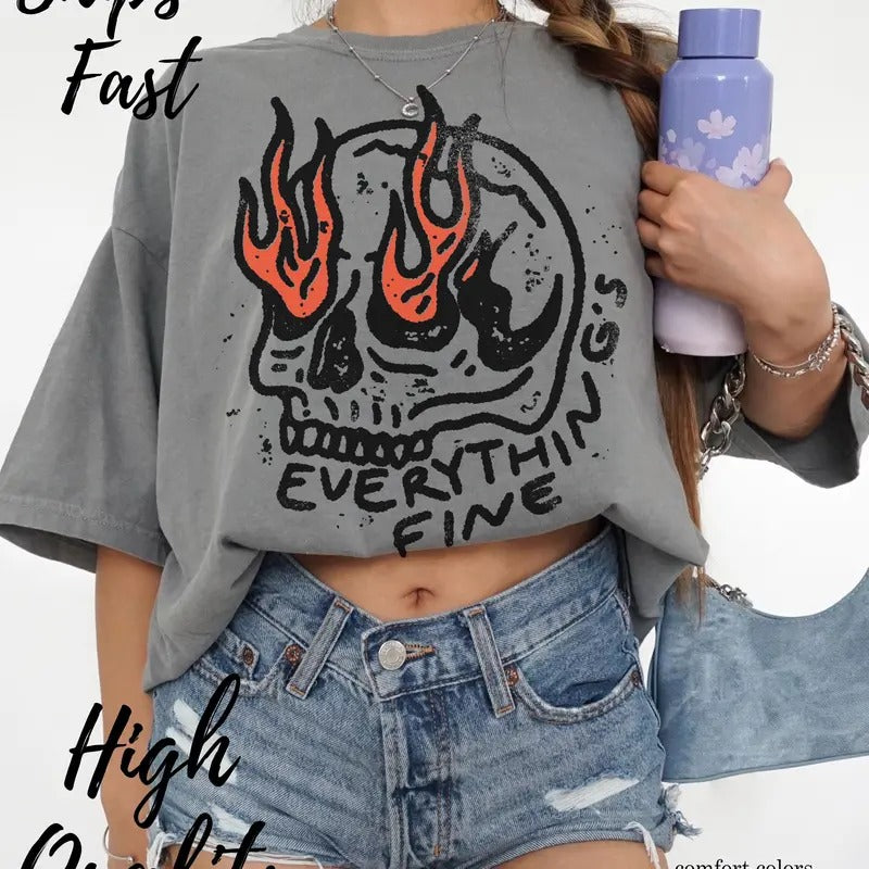 Everythings Fine Skeleton Shirt Retro Skeleton Shirt Sarcastic Halloween Shirt 90s Grunge Shirt Gothic Skull Shirt Hoodie...