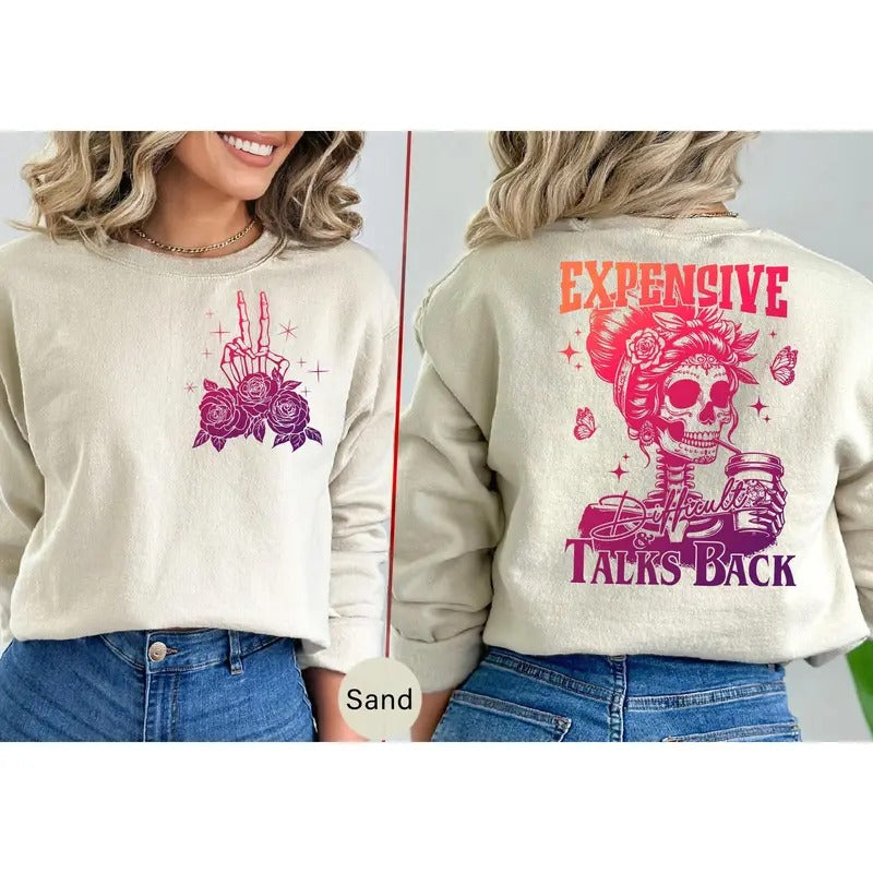 Expensive Difficult And Talks Back Skeleton Rock Mom Shirt Mom Saying Skeleton Snarky Sweatshirt Cotton Womenswear Hoodie