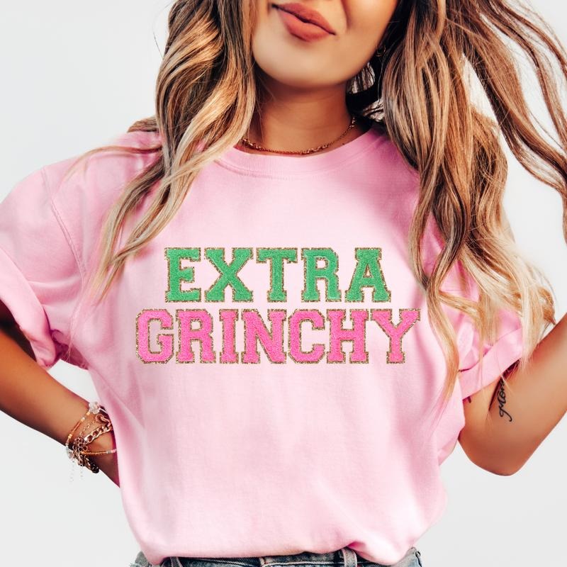 Extra Grinchy Faux Sparkling christmas shirt Women's Oversized Christmas Shirt - Festive Printed Design