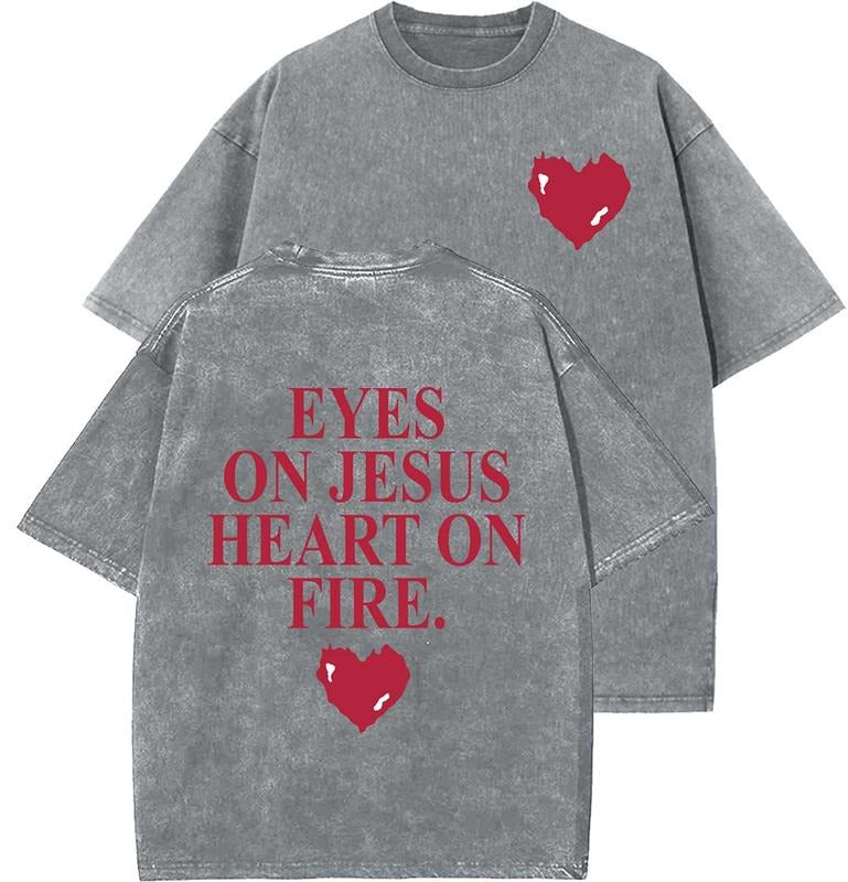 Eyes On Jesus Heart On Fire Unisex Washed T-Shirt, Christian t shirts, Vintage 90s Graphic Tee, Gift Top Womenswear...