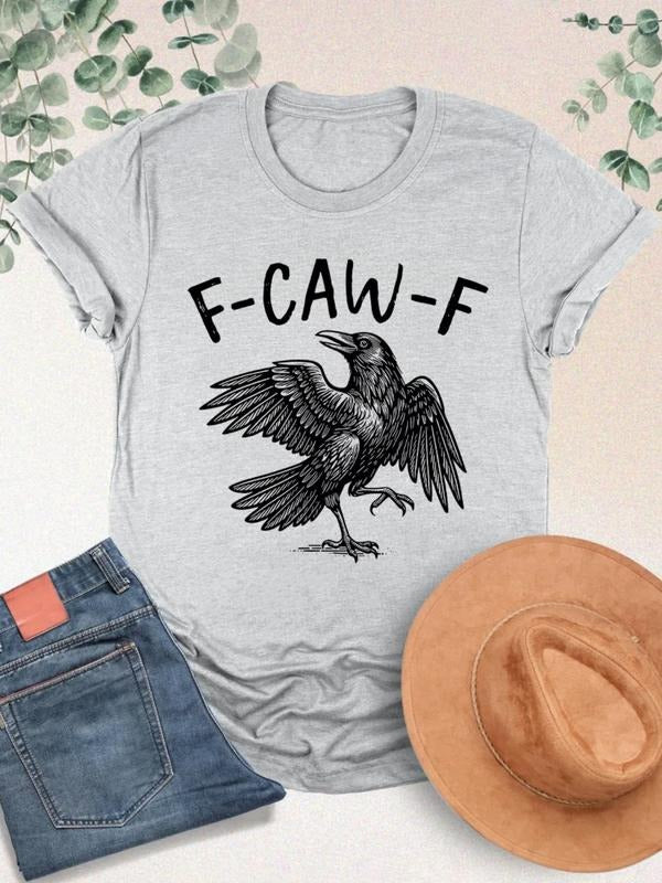 "F-CAW-F" Humorous Raven Graphic Tee - Women's Heather Gray Oversized T-Shirt Hoodie Sweatshirt | PrintMintTees.com