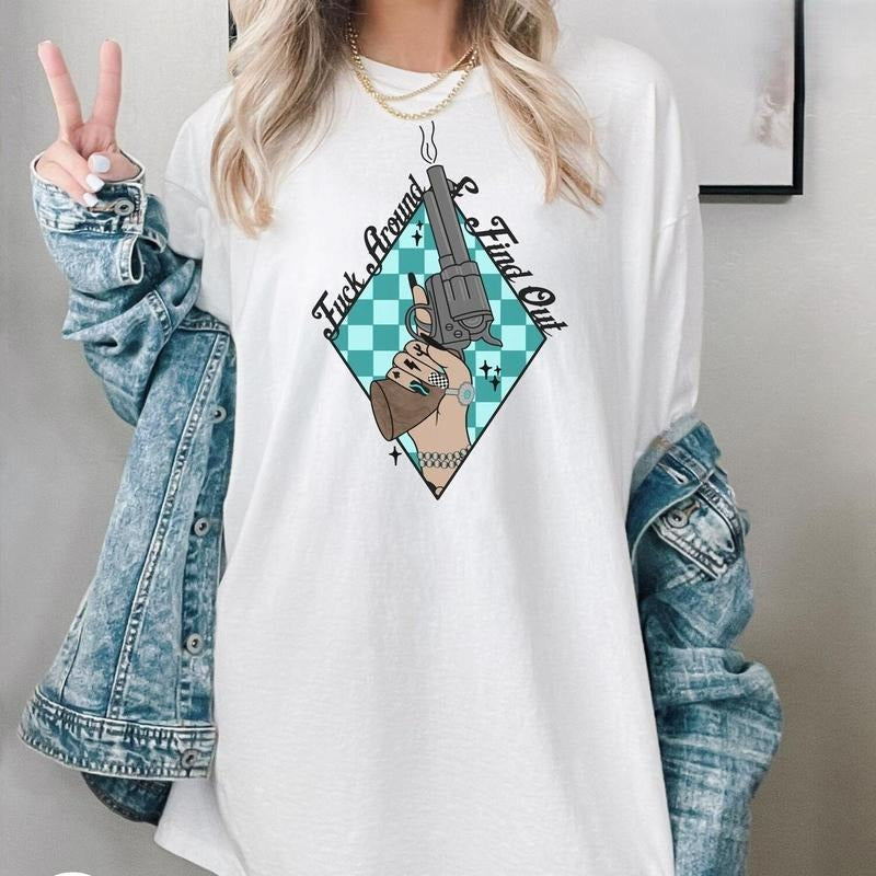F*ck Around And Find Out Checkered Western Turquoise T-shirt Western Graphic Tee Women T-shirt Hoodie Sweatshirt