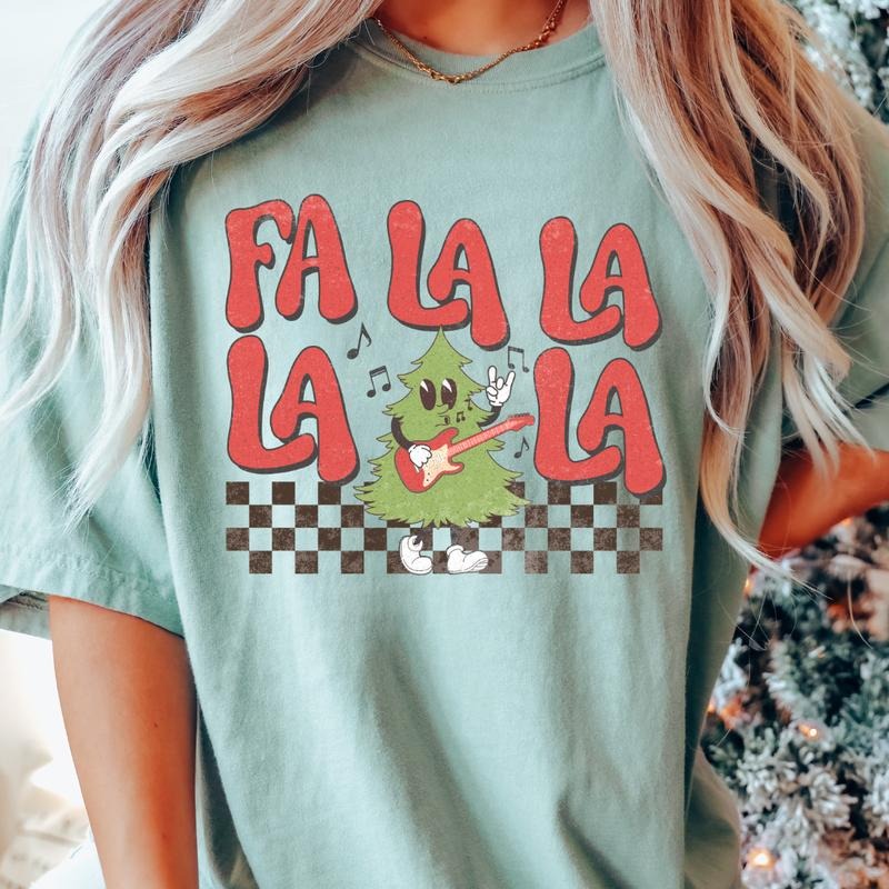 FA LA LA LA CHECKERED T-SHIRT (COMFORT COLORS T-SHIRT, CASUAL SHIRT UNISEX, CHRISTMAS CLOTHING, GRAPHIC APPAREL, HOLIDAY...