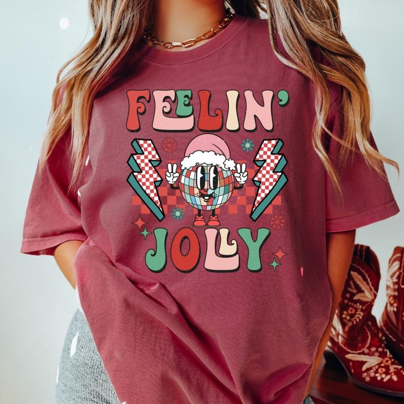 FEELIN JOLLY DISCO T-SHIRT (COMFORT COLORS T-SHIRT, CASUAL SHIRT UNISEX, CHRISTMAS CLOTHING, GRAPHIC APPAREL, HOLIDAY...