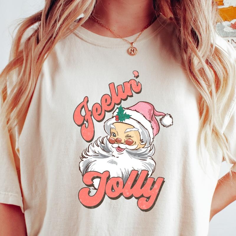 FEELIN JOLLY SANTA T-SHIRT (COMFORT COLORS T-SHIRT, CASUAL SHIRT UNISEX, CHRISTMAS CLOTHING, GRAPHIC APPAREL, HOLIDAY...